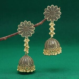 Gold Flower Big Size Oxidised Jhumka Earring